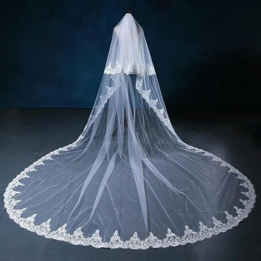 SLJYM White Ivory 3M 4M 5m Long Two Layer Wedding Veil With Comb Lace Edge Bridal Veils Appliqued Wedding Accessorie