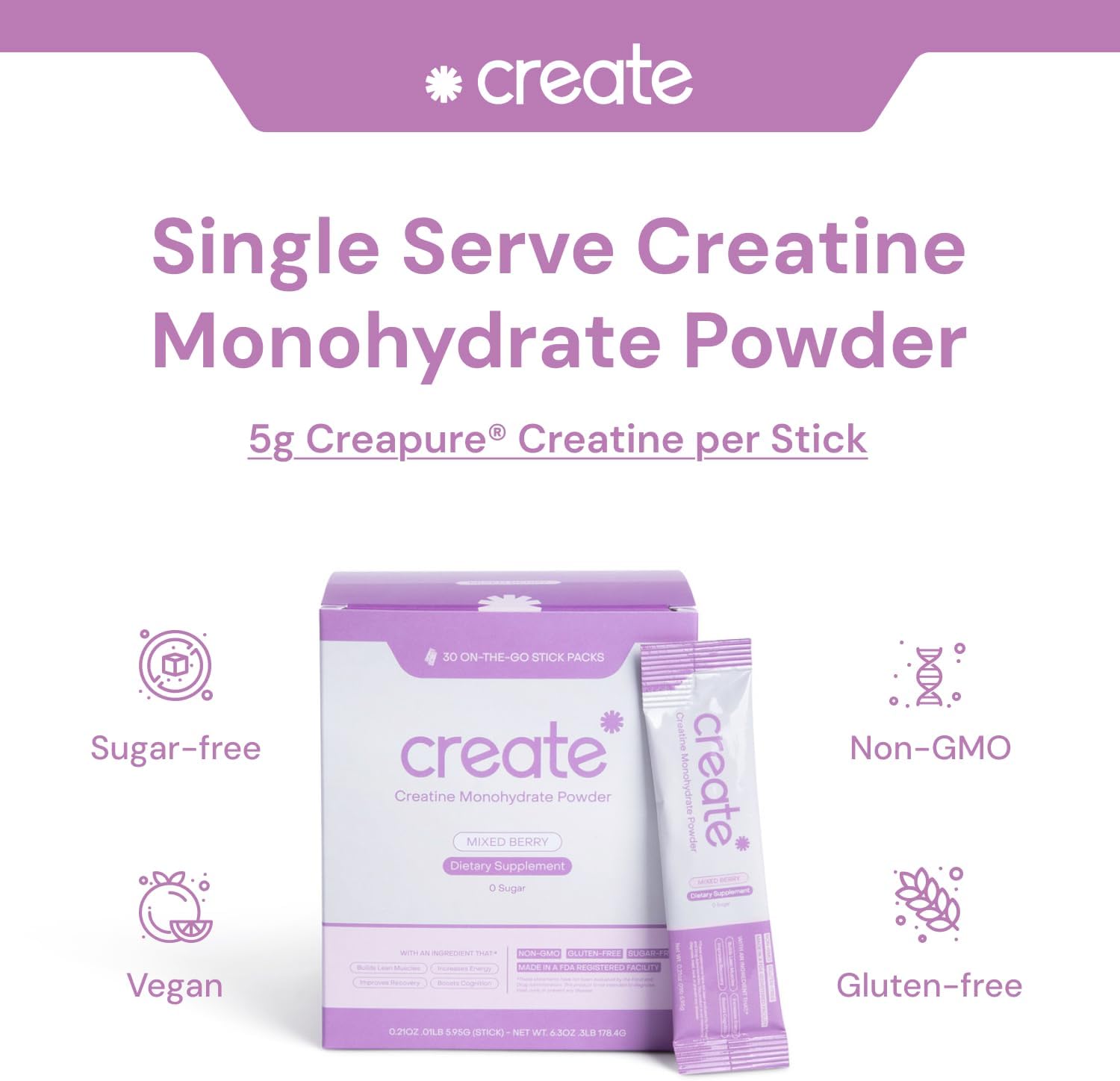 Create Single Serve Creatine Monohydrate Powder – 5g Creapure Creatine | Redefining Strength, Energy & Recovery | Sugar-Free, Vegan, Non-GMO | Mixed Berry | 30 Portable Packets