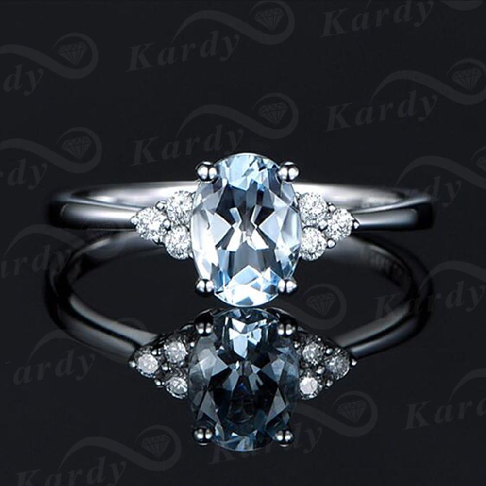 Kardy Fashion Gemstone Sea Blue Aquamarine Oval Cut 14K White Gold Engagement Women's Diamond Band Ring Set