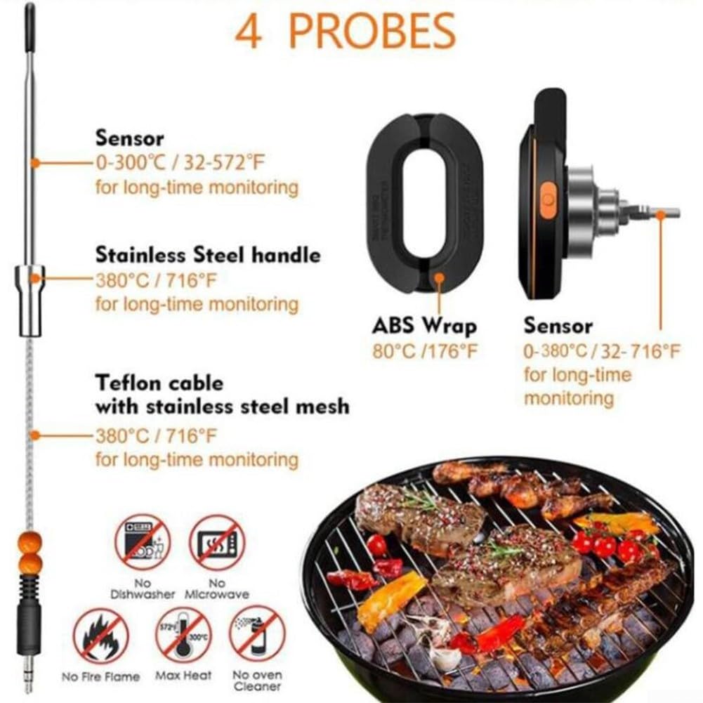 Intelligentes kabelloses Fleischthermometer mit 4 Sonden für Grill, Ofen, Braten, digitales Display, App-Steuerung, Edelstahl (Thermometer + 4 Sonden)
