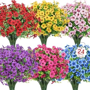 Ouddy Decor 24 Bundles Artificial Flowers for Outdoors Fake Silk Flowers UV Resistant Faux Plastic Plants for Spring Summer Garden Porch Window Box Table Vase Home Indoor Outdoor Decoration, Mixed