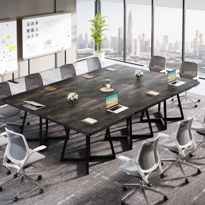 Tribesigns 31.5" Square Conference Table Set of 6, 8 ft Industrial Office Meeting Table for 8-10 People, Business Podcast Furniture with Metal Base for Small Spaces, Office Conference, Vintage Black