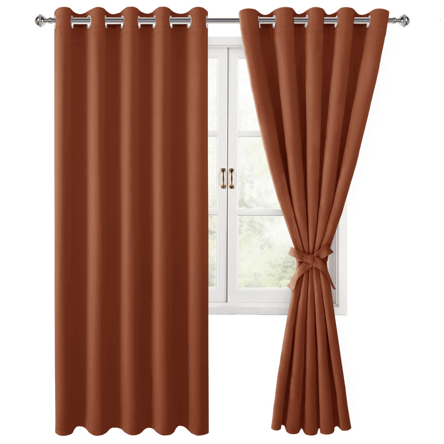 Hiasan Blackout Curtains for Bedroom, 60 x 63 Inches Length - Thermal Insulated & Light Blocking Window Curtains for Living Room/Kids Room Fall Decor, 2 Drape Panels Sewn with Tiebacks, Burnt Ochre