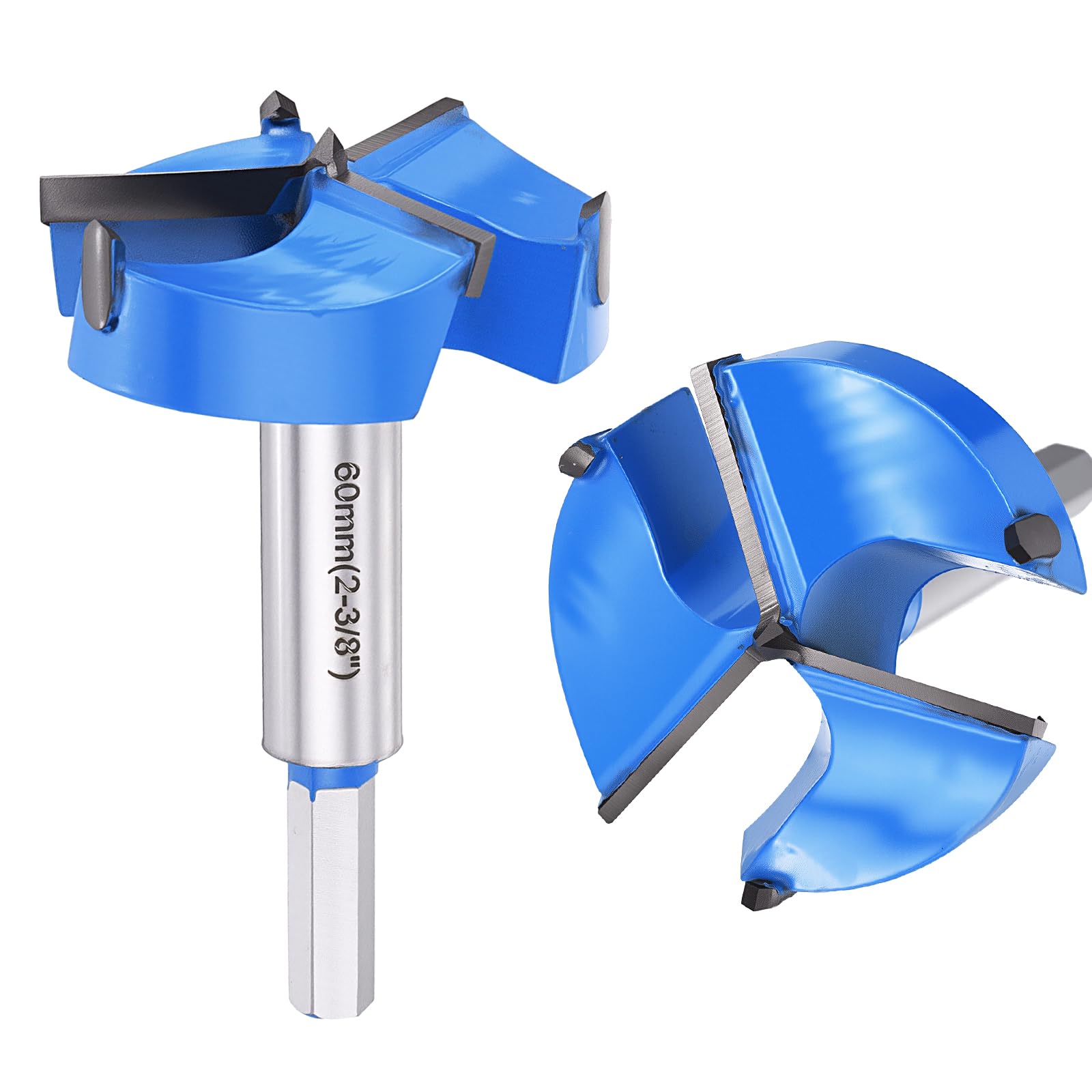 DTGN 60mm Forstner Drill Bits 2-3/8" - 2Pack - Good for Wood Plastic Plywood - 3 Flutes Tungsten Carbide Woodworking Hole Saw Cutter with Hex Shank - Blue