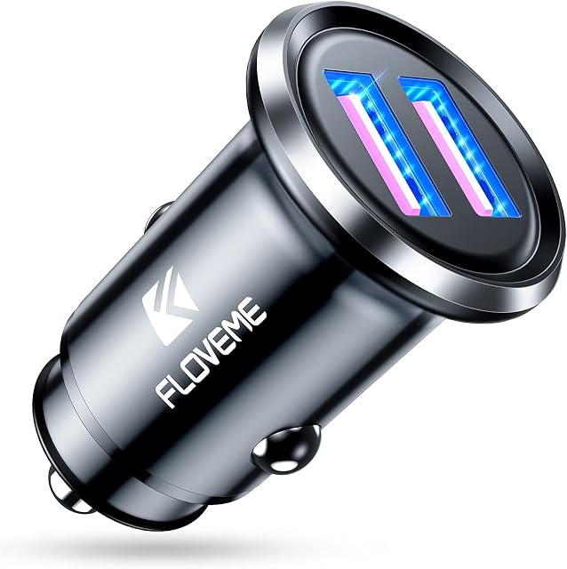 FLOVEME Ładowarka samochodowa USB podwójny port QC3.0, 36 W/6 A, mini metalowa ładowarka samochodowa do zapalniczki samochodowej ze światłem LED, kompatybilna z iPhone Samsung