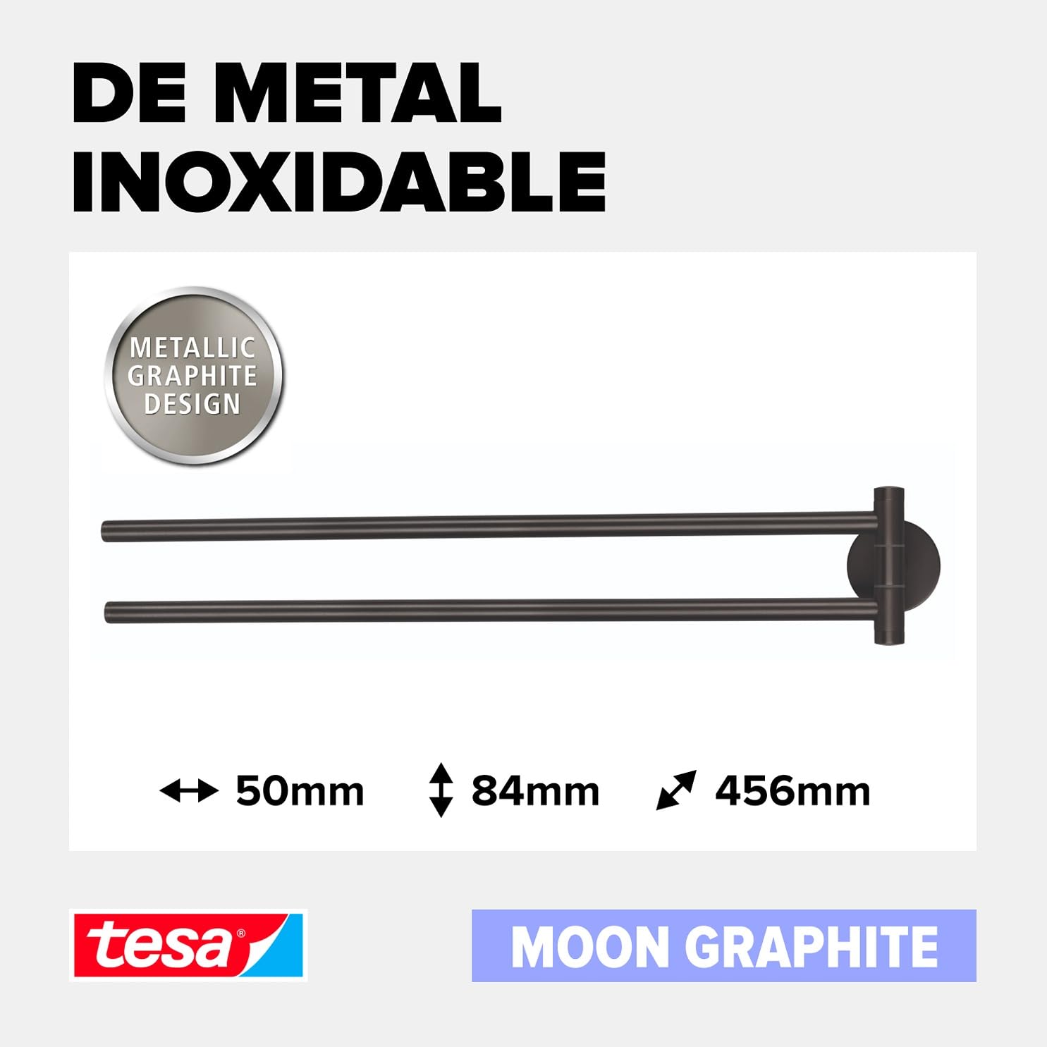 tesa® Moon Toallero Autoadhesivo de 2 Brazos - Doble Barra de Metal Revestido de PVD, Cepillado en Grafito - sin Taladrar, Incluye Solución Adhesiva - 84 mm x 50 mm x 456 mm
