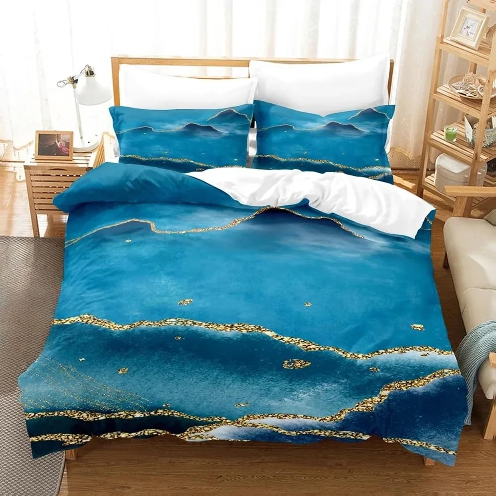 Housse couette marbre bleu paillettes dorées 140x200cm