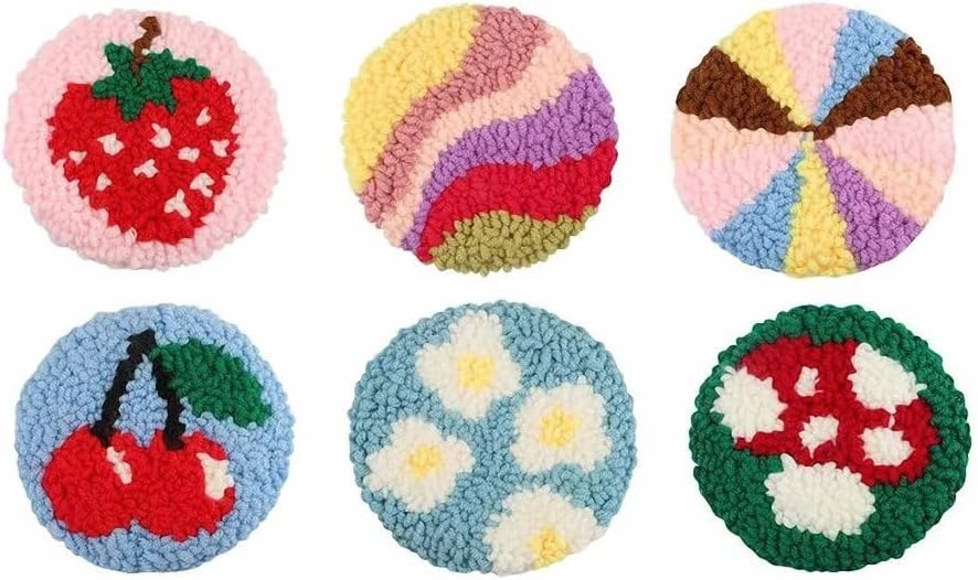 Punch Needle Coaster Kit 6 Patterns Strawberry Tufted Rug Pads, DIY Needle Punch Coaster Kit for Adults Beginners with Adhesive Felt Yarns Embroidery Hoop Tools Instruction