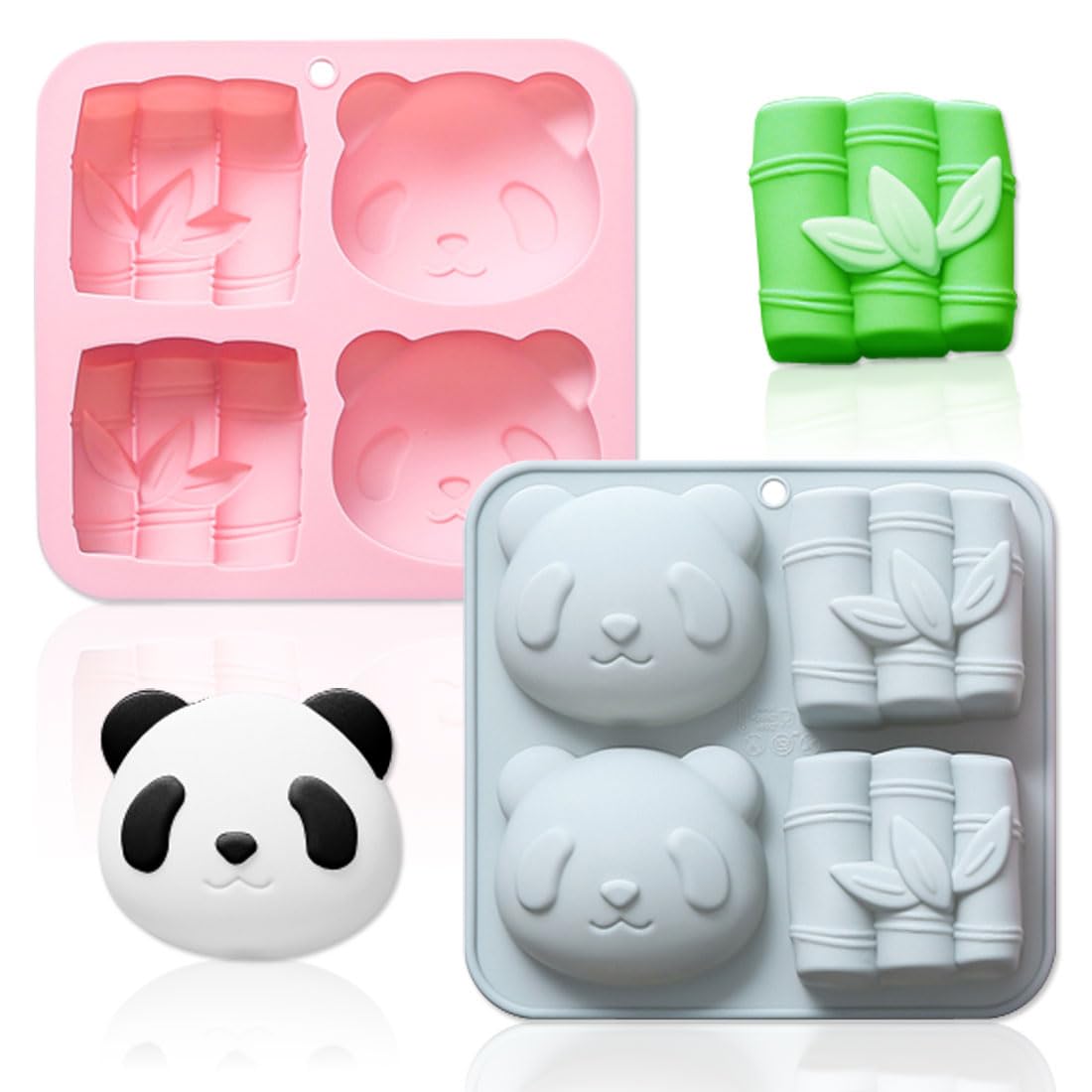 2 Pack Panda & Bamboo Silicone Molds 4 Cavity 3D Panda Bear Bamboo Mould Tray DIY Baking Sugarcraft Cake Decorating Tools for Chocolate Candy Pudding Mousse Dessert Gummy Handmade Soap Resin Clay