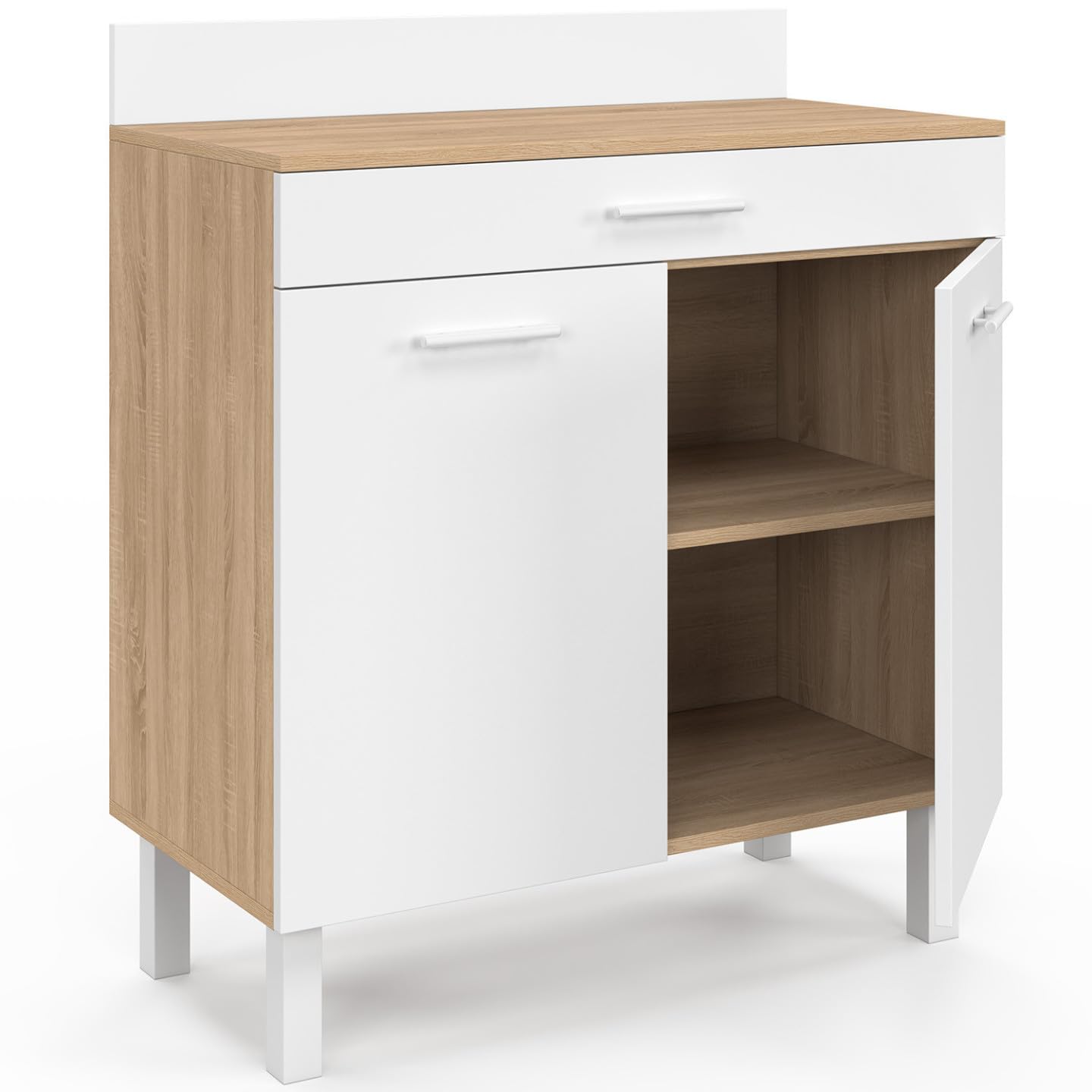 IDMarket - Buffet Bas de Cuisine 80 cm CINA Plan de Travail H.83 cm 2 Portes + tiroir façon hêtre et Blanc