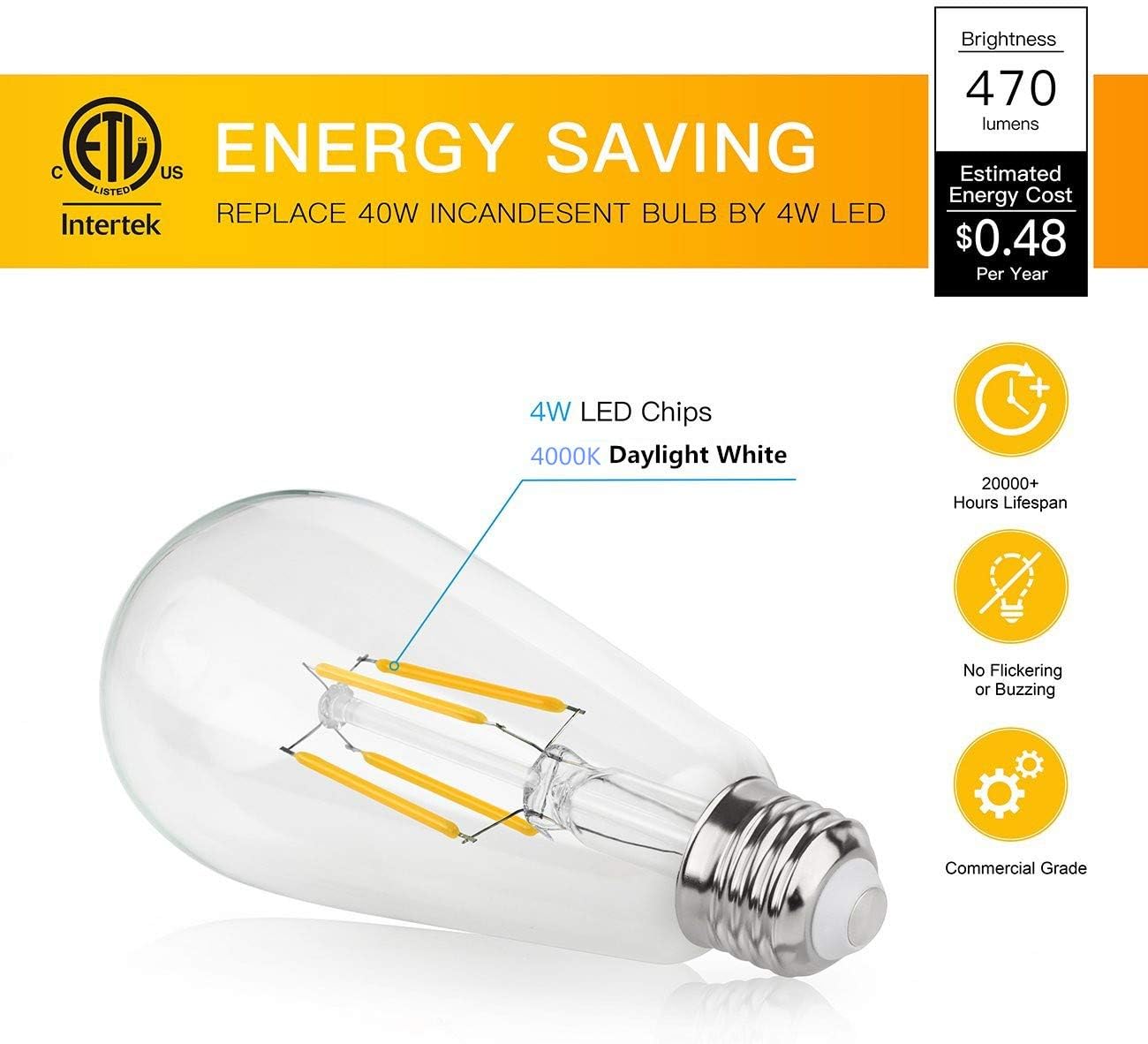 Soft White LED Vintage Filament Bulbs, Pack of 6