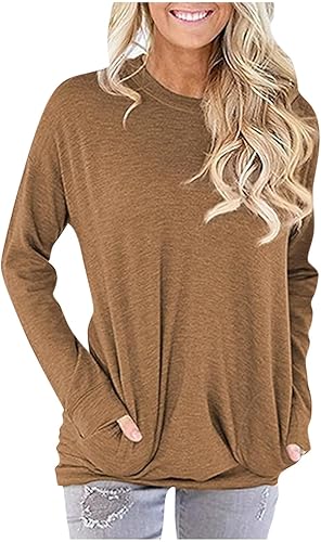 Ropa de otoño para mujer 2023 con estampado de cuello redondo, manga larga, cómoda, holgada, con bolsillo