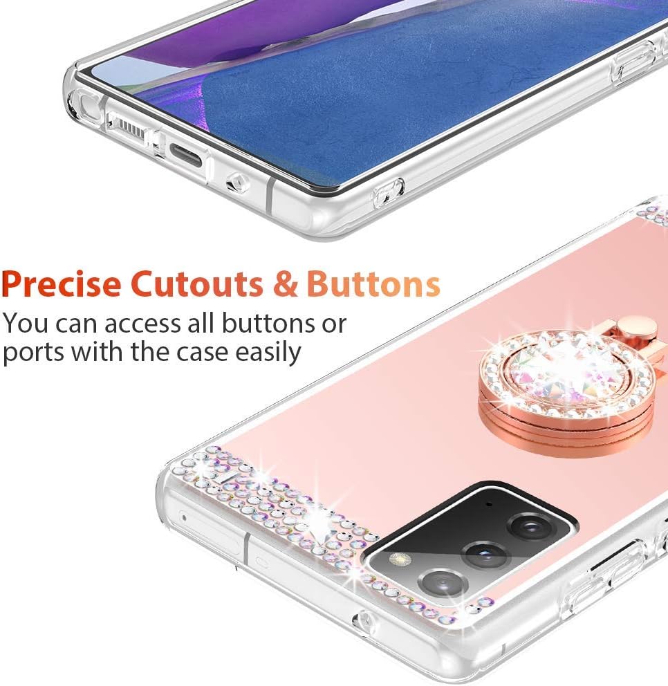 Caka Case for Galaxy Note 20 Glitter Case Kickstand Rhinestone Diamond Crystal Mirror Makeup with Ring Holder for Women Girls Protective Phone Case for Samsung Galaxy Note 20 5G 6.7 inches (Rose Gold)