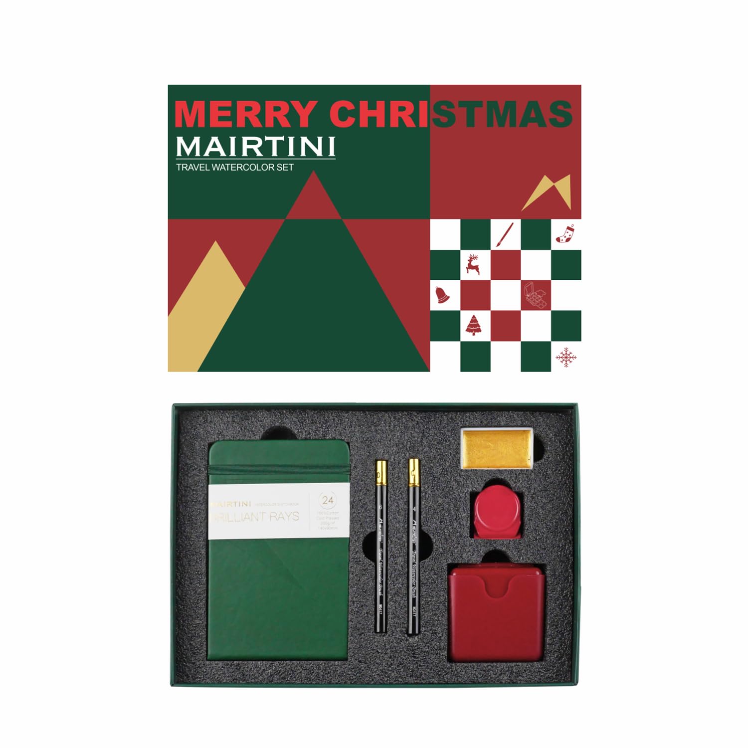 Mairtini Christmas Series Solid Half-pan Multifunctional Portable Travel Watercolor Set with travel brush&journal (Christmas Fashion)