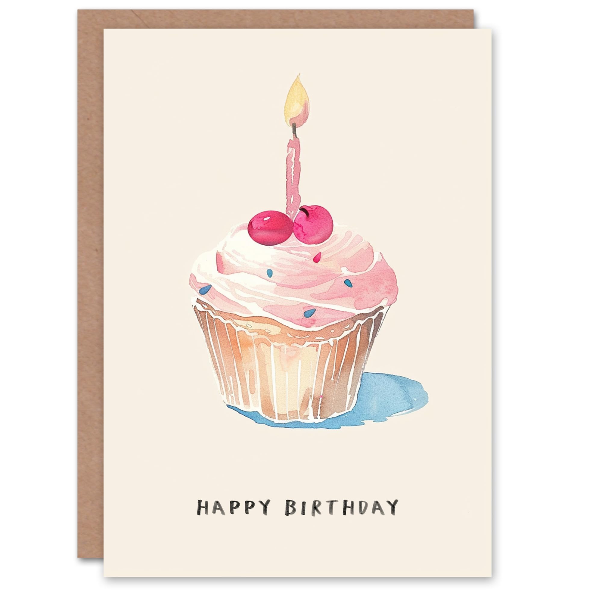 Birthday Card Cute Pink Cherry Candle Cupcake Watercolour Greeting Card