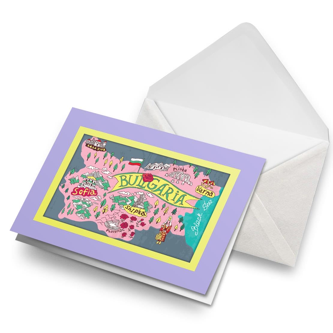 Greeting Card Pear & Lavender (Photo Insert) - Bulgaria Sofia Varna Map Landmarks - Blank Birthday Celebration Anniversary, Envelope Included #58715