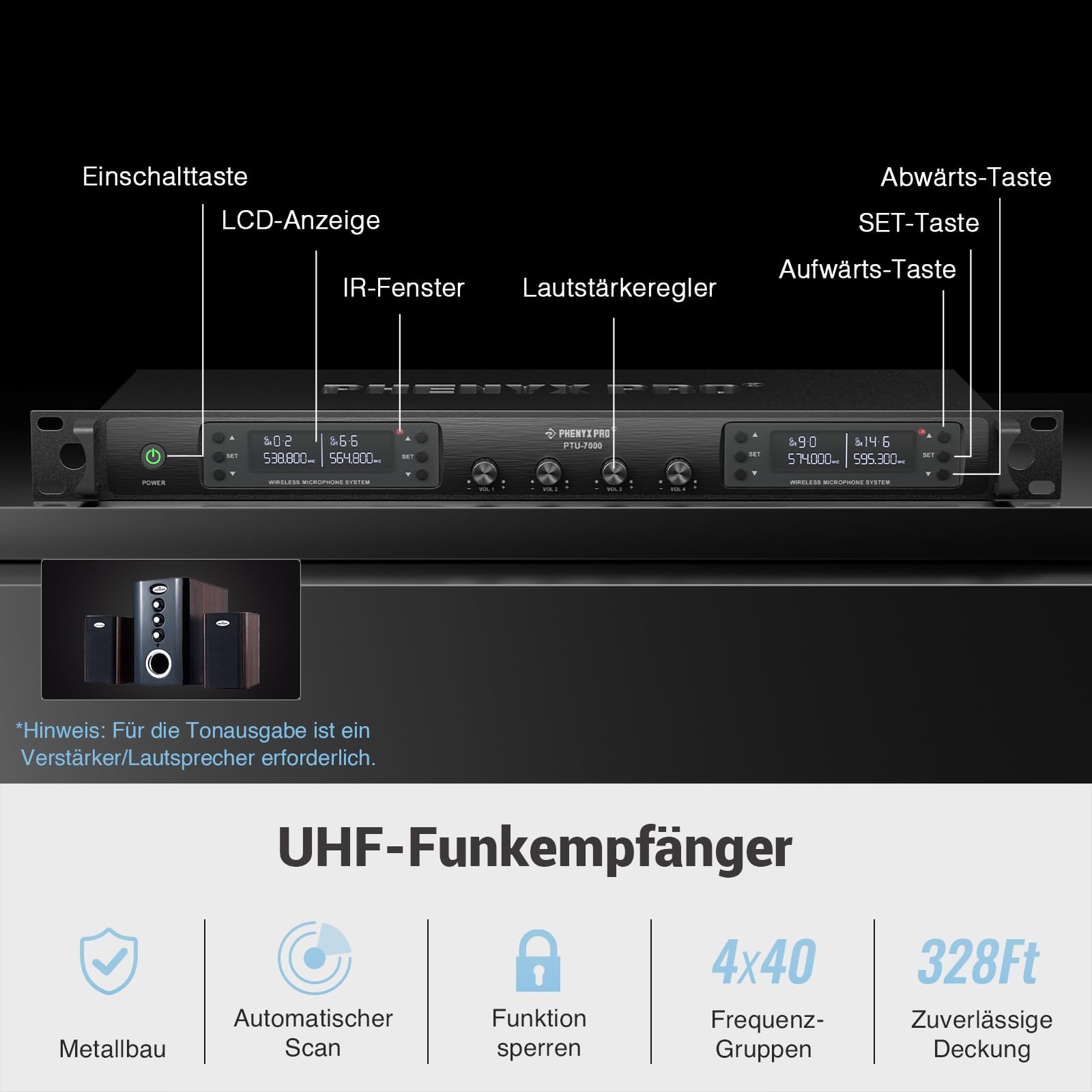 Phenyx Pro 4-Kanal-Drahtlos-Mikrofon-System, UHF Auto Scan Cordless Mic Set, 4 Bodypacks mit Headsets/Lapel Mics, 4x40 Frequenzen, 328ft Reichweite, Mikrofon für Kirche, DJ, Meeting (PTU-7000-4B)