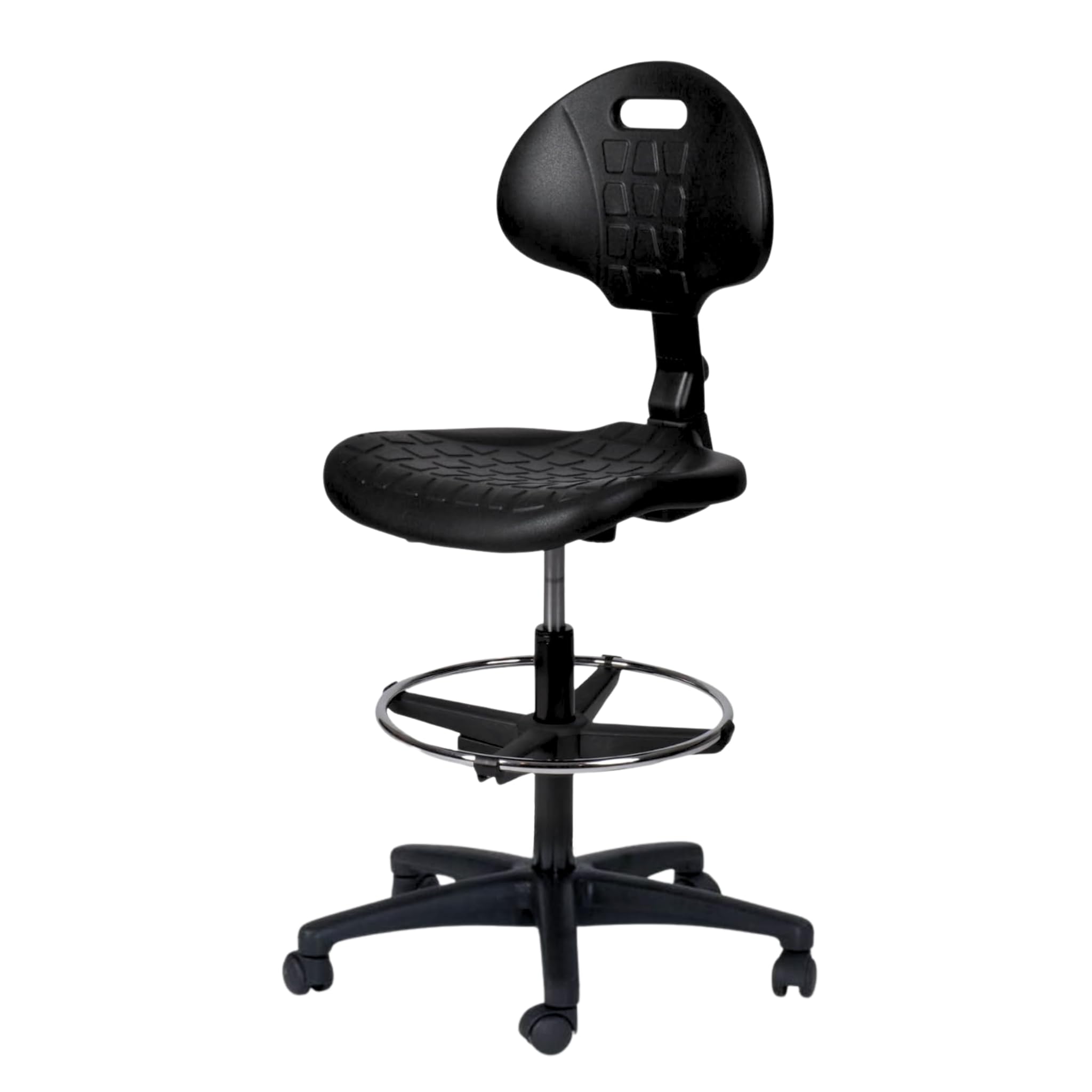 Topsit Silla de trabajo IND102 de poliuretano, taburete ergonómico de oficina, silla de taller, altura regulable y respaldo ajustable, fácil de limpiar, silla estable con anillo de pie ajustable.