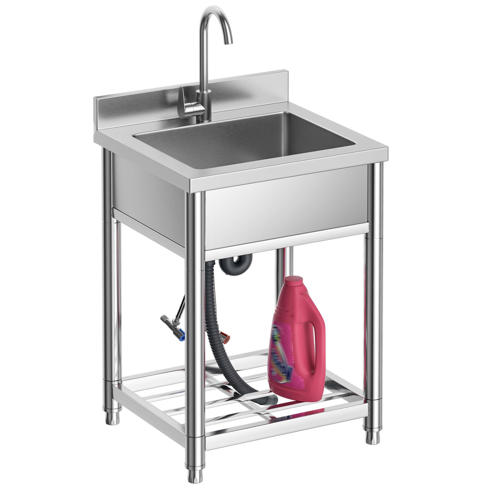 Fregadero con Patas Acero Comercial de Acero Inoxidable | 50 x 55 x 94 cm Fregadero de Cocina Independiente con Grifo, Fregaderos Industriales para Exterior, Cocina, Garaje, Jardín