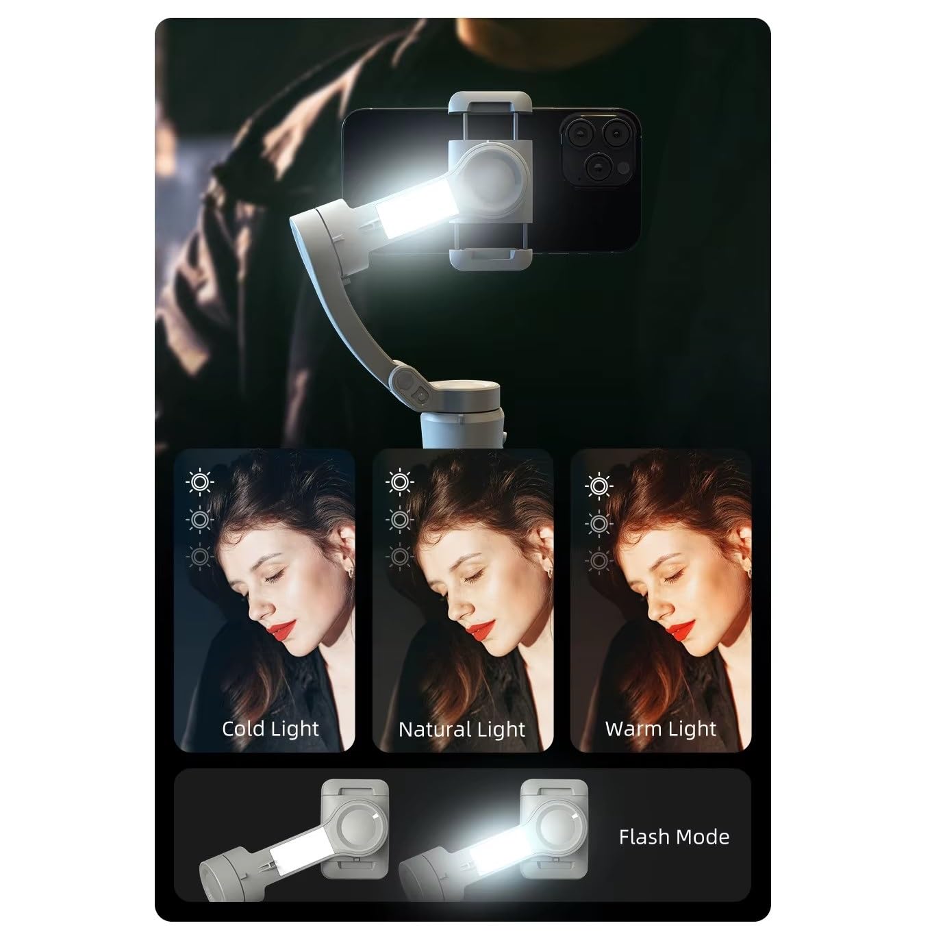 Soporte Estabilizador para Telefono, Smartphone, Base de 3 Ejes, Luz de Relleno, Compatible con iPhone y Android, Seguimiento 4.0 AI, Portátil y Plegable, para Youtube, TikTok, Vlog
