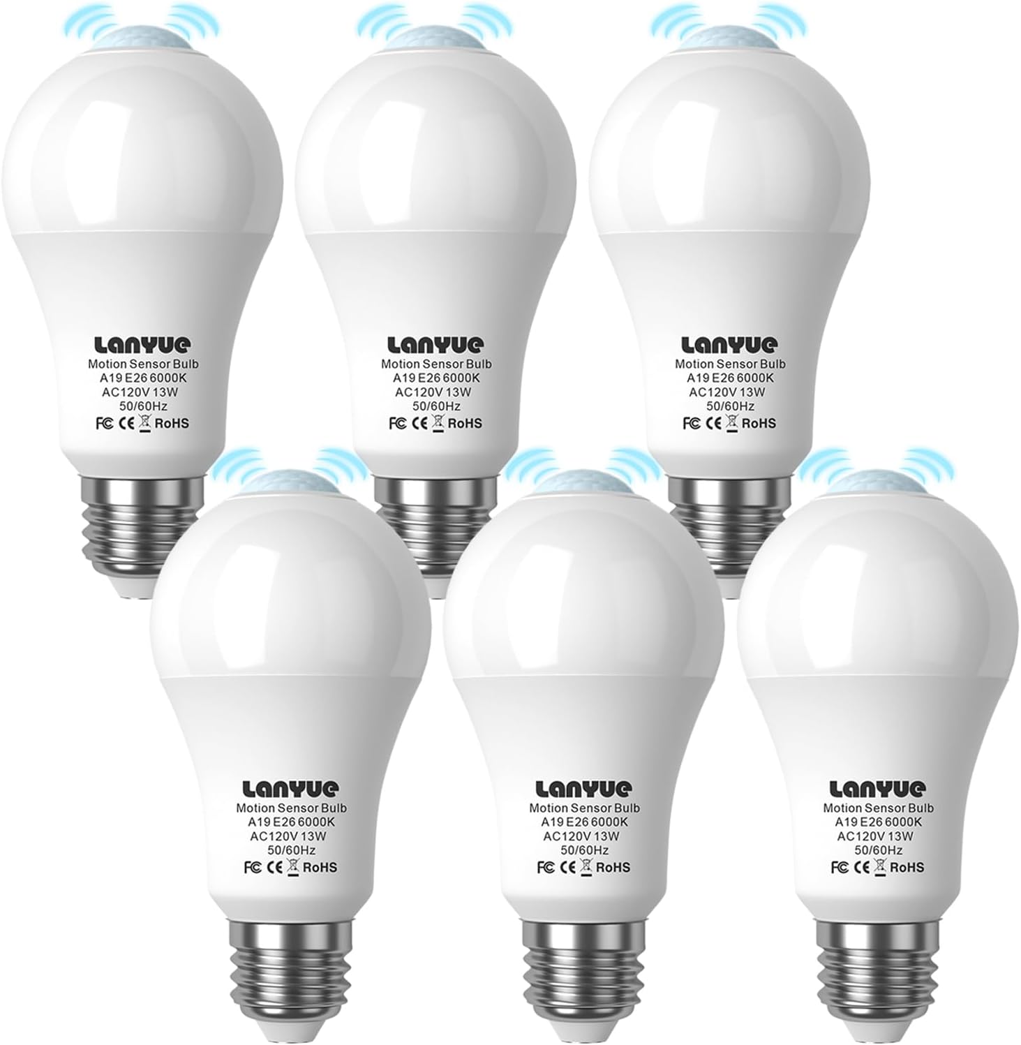Motion Sensor Light Bulb,Activated Detector Light Bulb Indoor,Dusk to Dawn Security Bulb,13W Equivalent 100W,E26 Base 6000K Daylight,6 Packs LY-A19H001