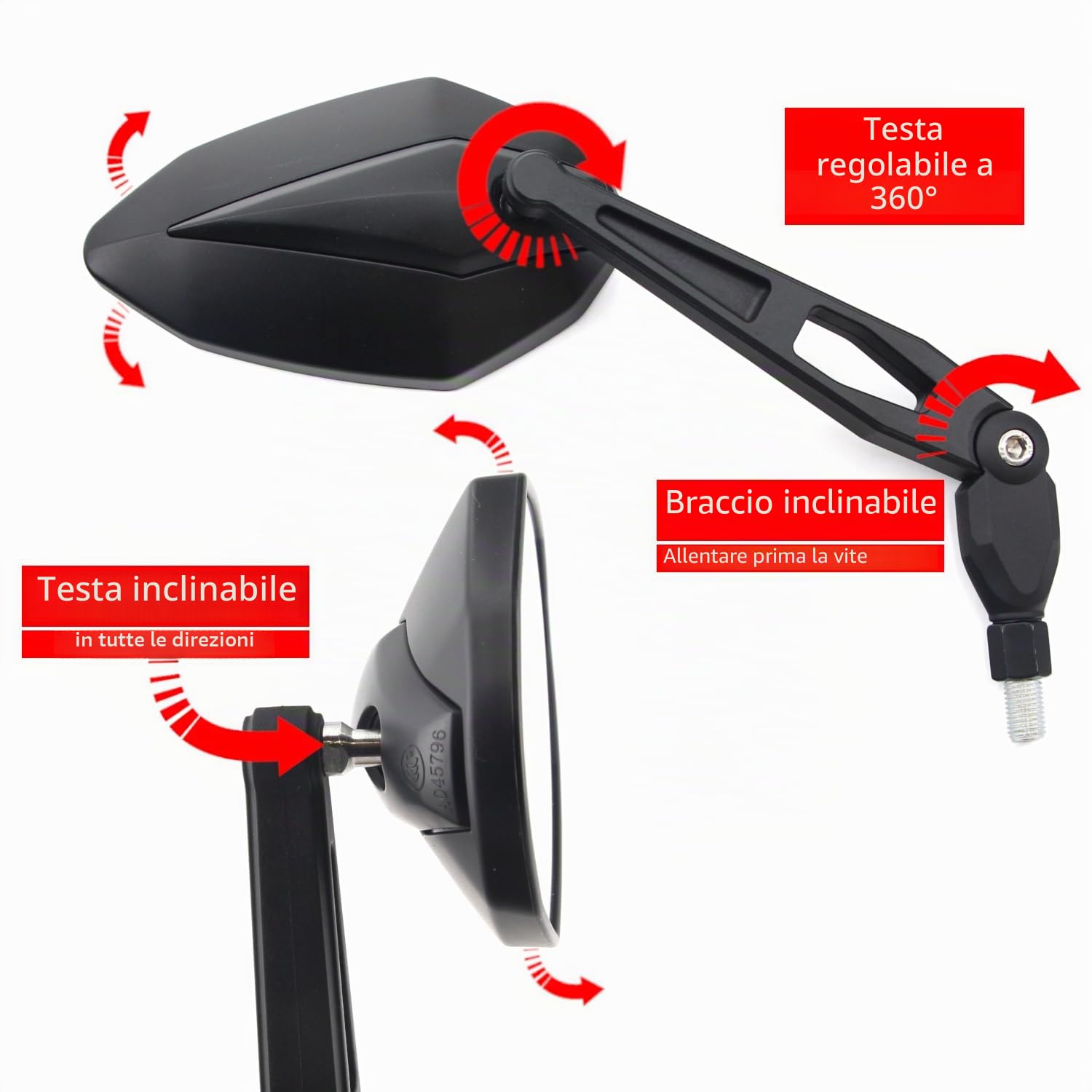 Area1 Coppia di specchietti retrovisori universali per moto, omologati e-geprüft 2x M10 filettatura destra + adattatore filettatura sinistra, compatibile con, ad esempio, Duke, SMC/R Z900 Z750 Z650