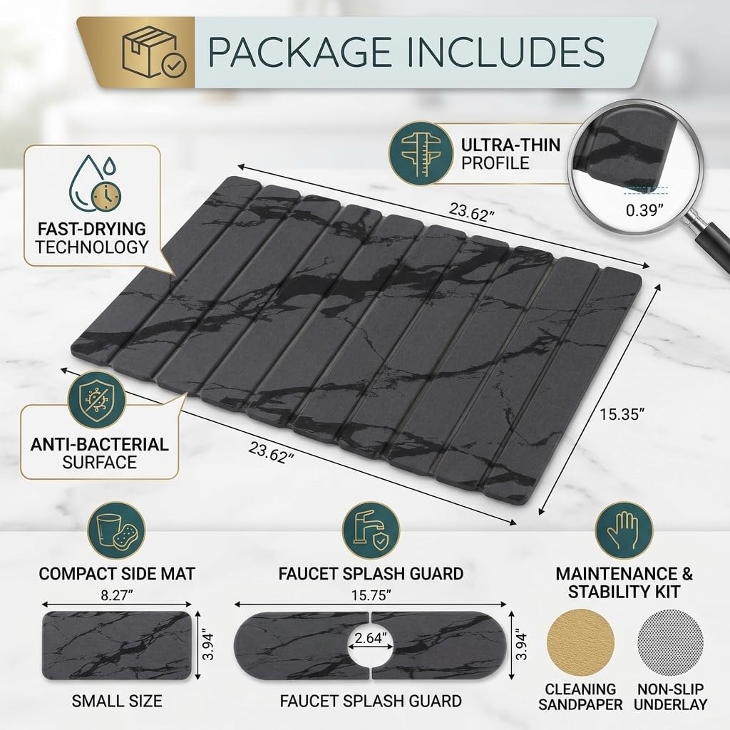 Large Stone Dish Drying Mat for Kitchen Counter, 3 PCS Quick Dry Stone Dishes Mats, Sink Faucet Mat, Foldable Water Absorbing Diatomaceous Earth Drying Pad for Countertop Tableware, Bottles, Utensils