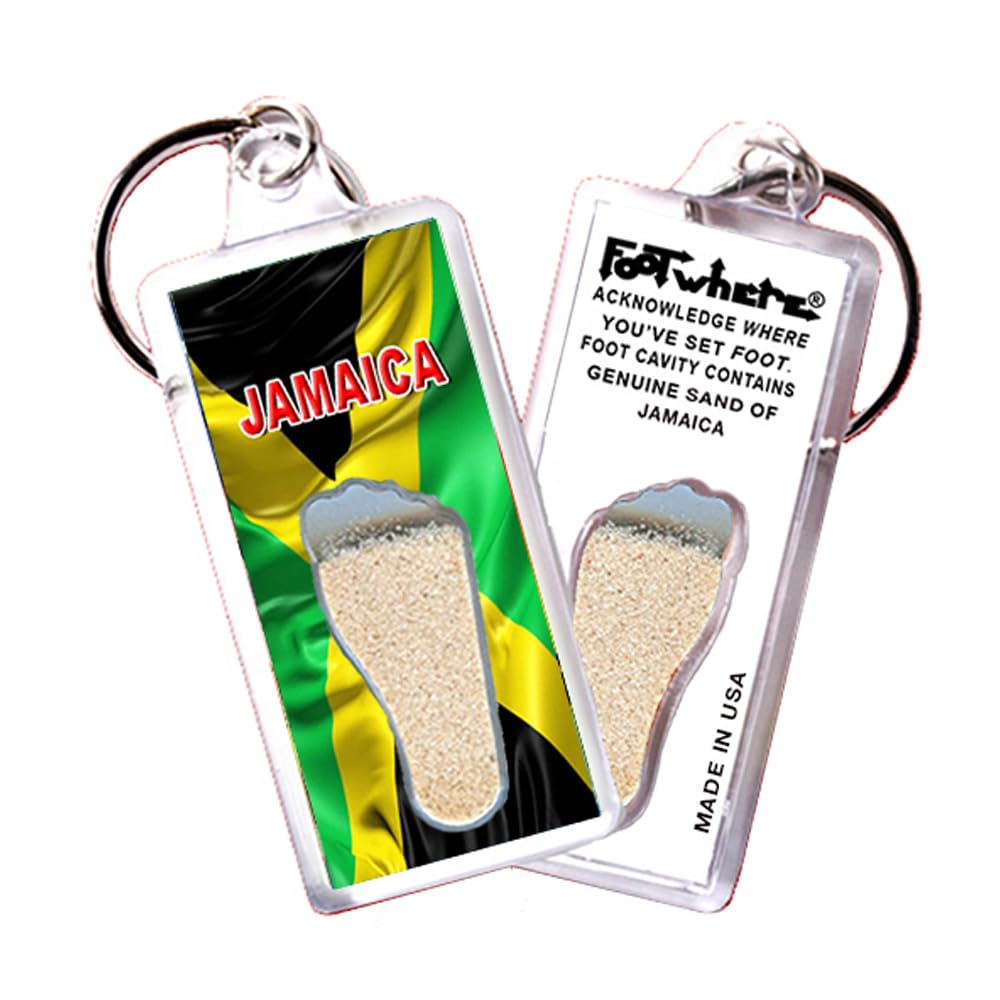 FootWhere Jamaica Keychain (JM102 - Homeland). Authentic Destination Souvenir acknowledging Where You've Set Foot. Genuine Soil of Featured Location encased Inside Foot Cavity. Made in USA.