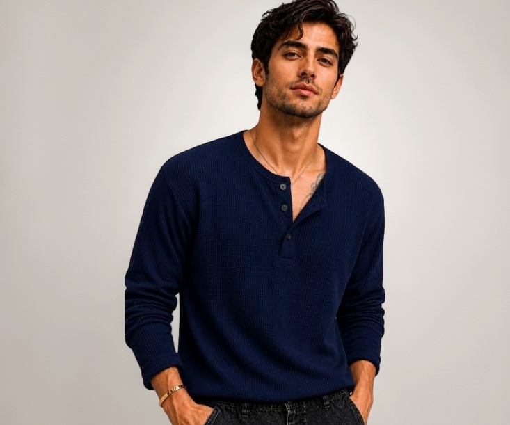 QUTUN Men's Premium Waffle Knit Henley Tshirt Navy