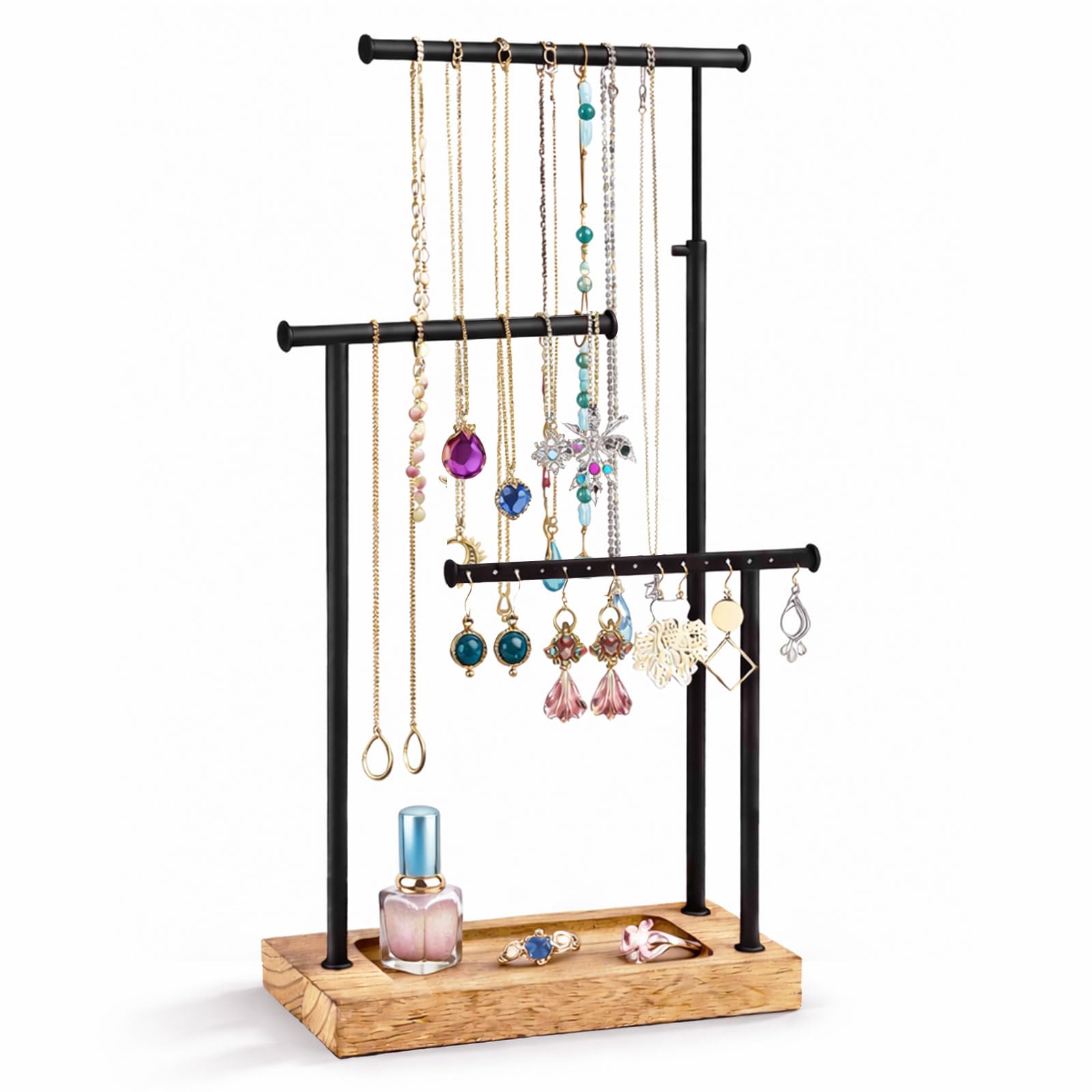 Sythrix Wooden Jewellery Stand with 3 Rotating Arms 47cm, Jewellery Tree Organiser for Necklaces, Bracelets, Earrings and Rings, Spinning Holder with Stable Base for Jewelry Collections
