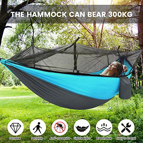 Camping Hammock, Double & Single Portable Hammock With Tree Straps, Lightweight Nylon Hammock Swing Set With Net And Rain Fly Tarp And Pocket For Backpacking Hiking Travel Outdoor #TOP3