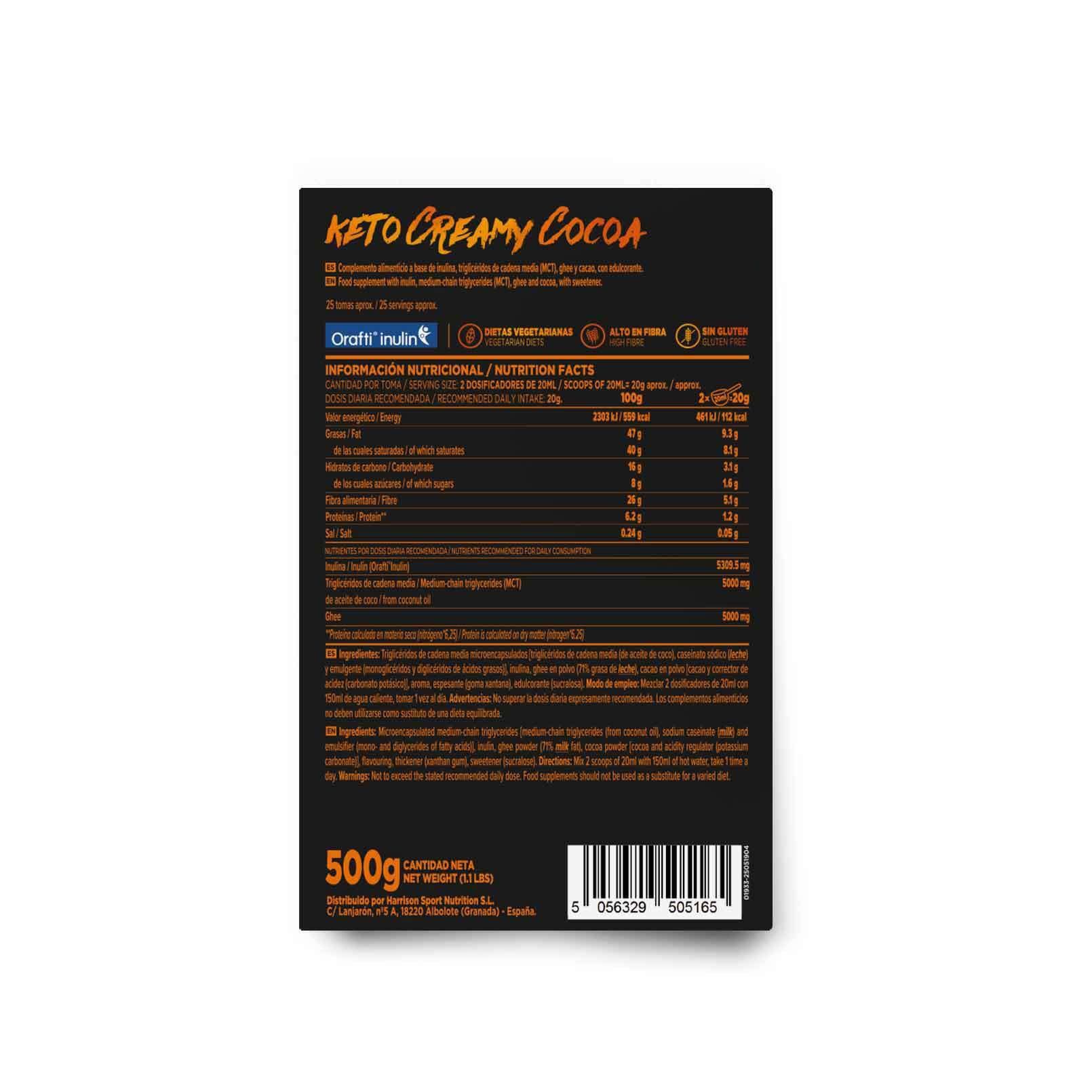 HSN Keto Cacao Cremoso MCT GHEE 500g Dieta Cetogénica Sin Azúcares Añadidos Alto en Fibra Inulina OraftiHSI No-GMO Vegetariano Sin Gluten