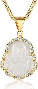 P.BLAKE Laughing Buddha Buddah Necklaces For Women Men, Ice Out Buddha Pendant For Men Women with Stainless Steel Gold Chain 24 inches