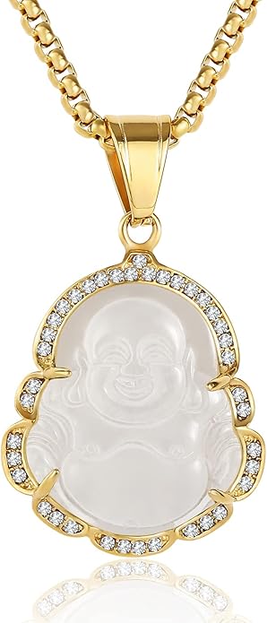 P.BLAKE Laughing Buddha Buddah Necklaces For Women Men, Ice Out Buddha Pendant For Men Women with Stainless Steel Gold Chain 24 inches