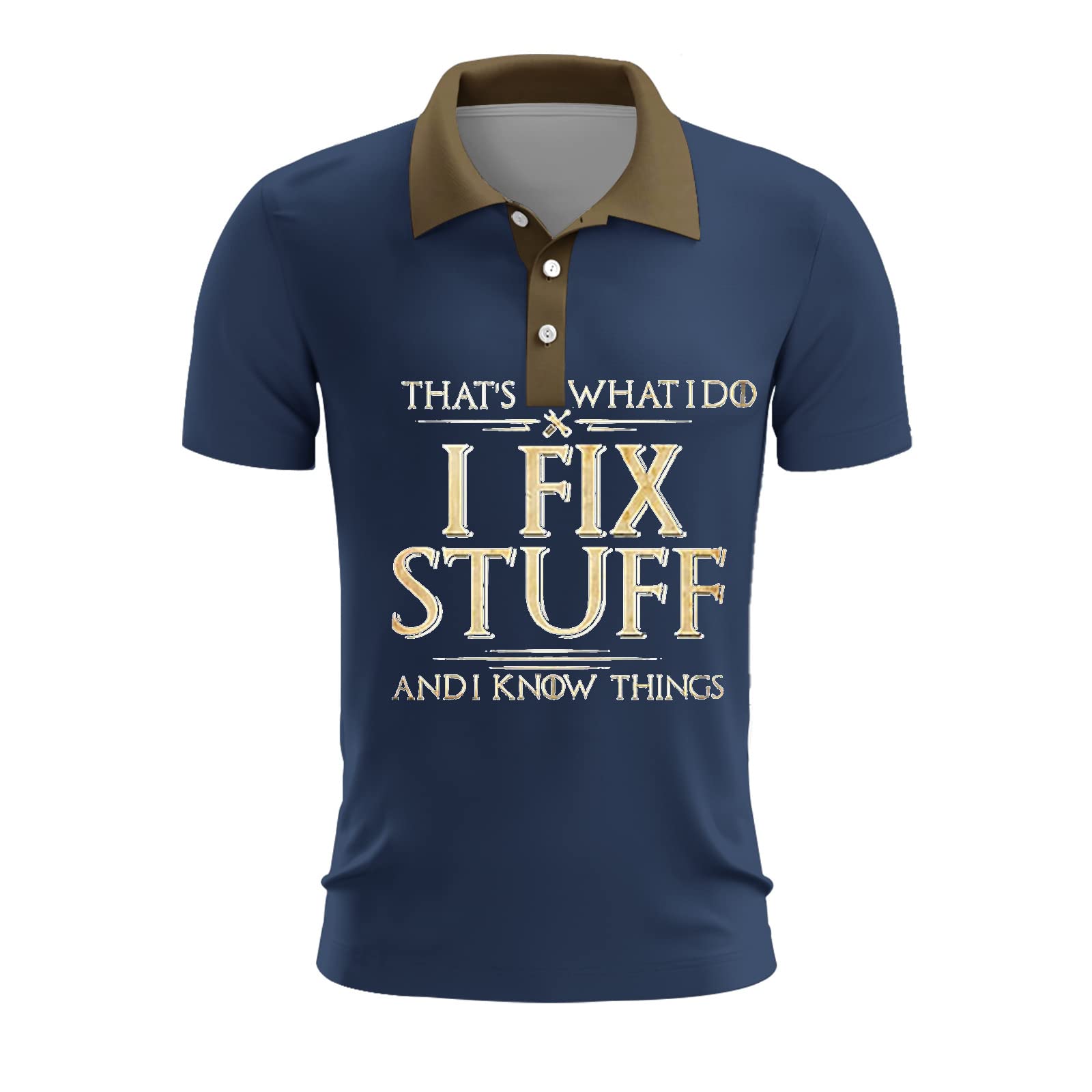 Kewing Men's # 1 I Fix Stuff And I Know Things T Shirt Casual 3D Funny Letter Printed Collar Polo Shirt Short Sleeve T-Shirt Casual Tee