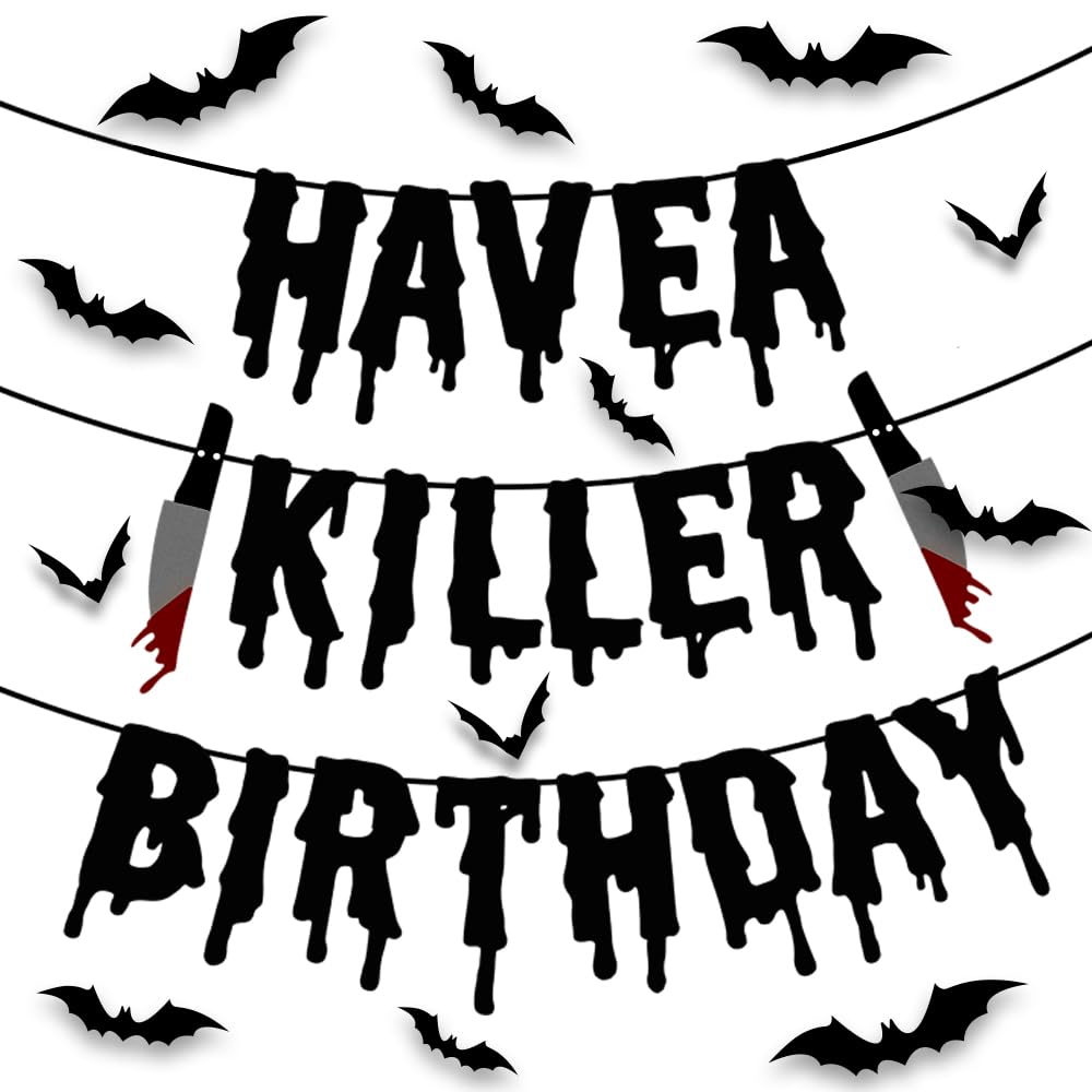 Quimoy Have a Killer Birthday Decorations, Halloween Banner Decorations, Halloween Decorations with 12 Pcs Bat Wall Sticker Décor Party, Kid Party,