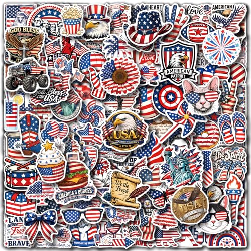 Aowplc Patriotic Stickers Pack 200 PCS Waterproof Vinyl USA Die Cut Stickers American Flag & Patriotic Designs for 4th of July Memorial Day & Veterans Day