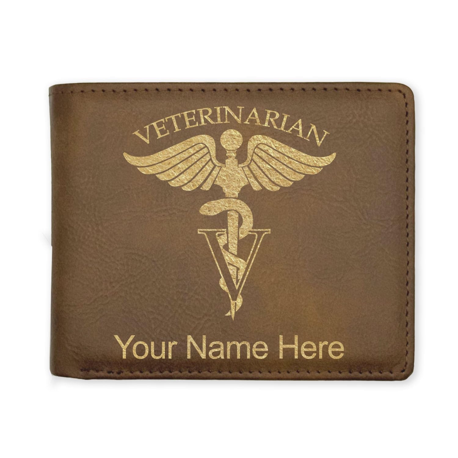 LaserGram Faux Leather Bi-Fold Wallet, Veterinarian, Personalized Engraving Included (Rustic with Gold)