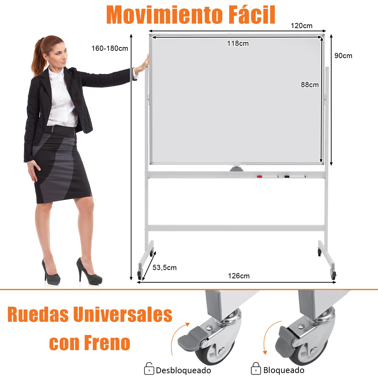 GIANTEX Pizarra Blanca Móvil con Altura Ajustable de 2 Niveles, 120 x 90 cm, Pizarra Magnética de Doble Cara con 4 Ruedas Giratorias de 360 °, para Aula, Oficina (Blanco)