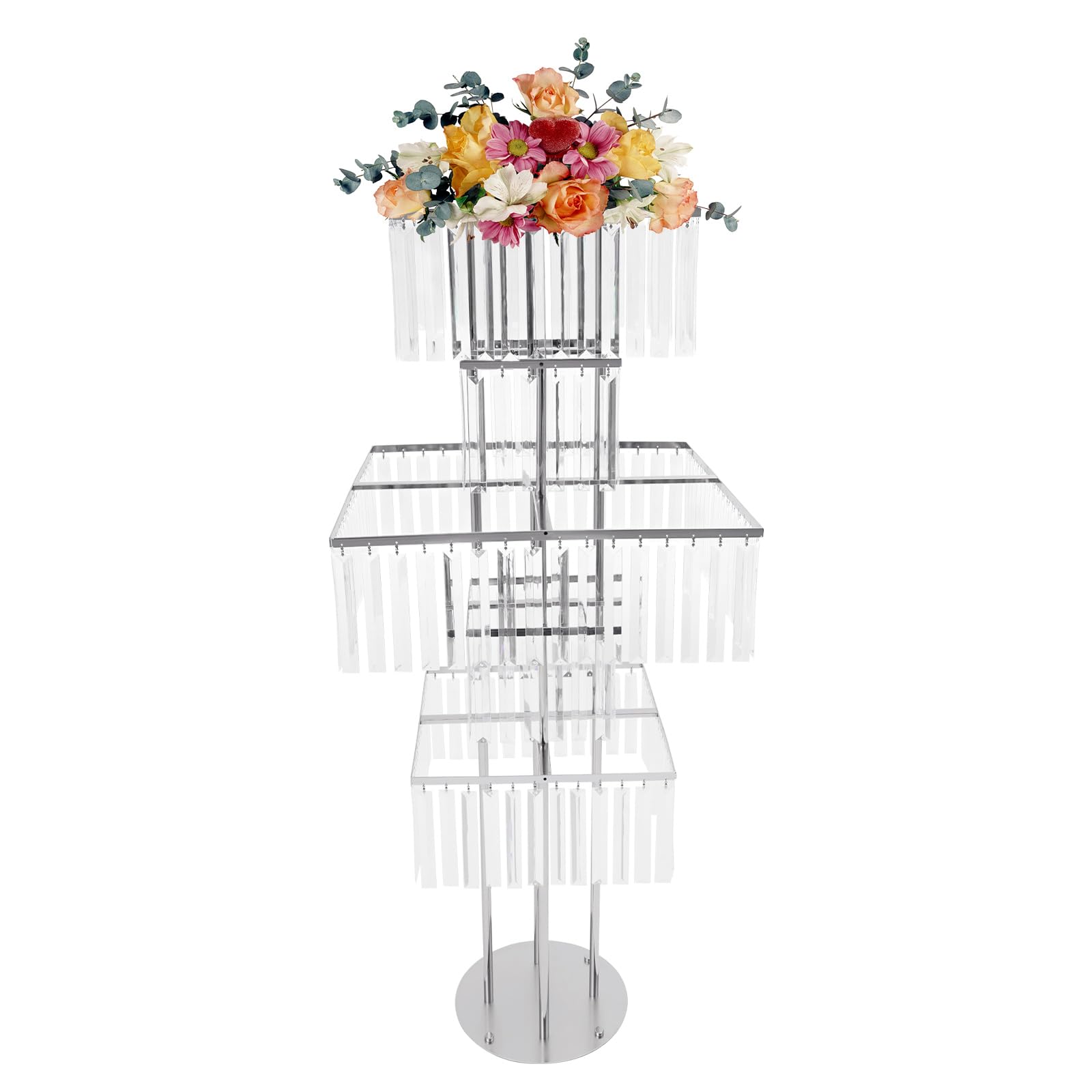 Ginelm 5 Tiers Wedding Centerpieces Vase, 49.2" Silver Acrylic Flower Vase with Hanging Crystals, Round Metal Pedestal Stand for Birthday Party Events Home Decor