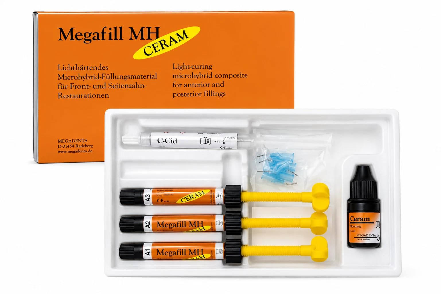 MegaFill MH CERAM Kit Composito Dentale Microibrido Fotopolimerizzabile Universale 3 x 4,5 g con C-Bond, C-Cid e Accessori