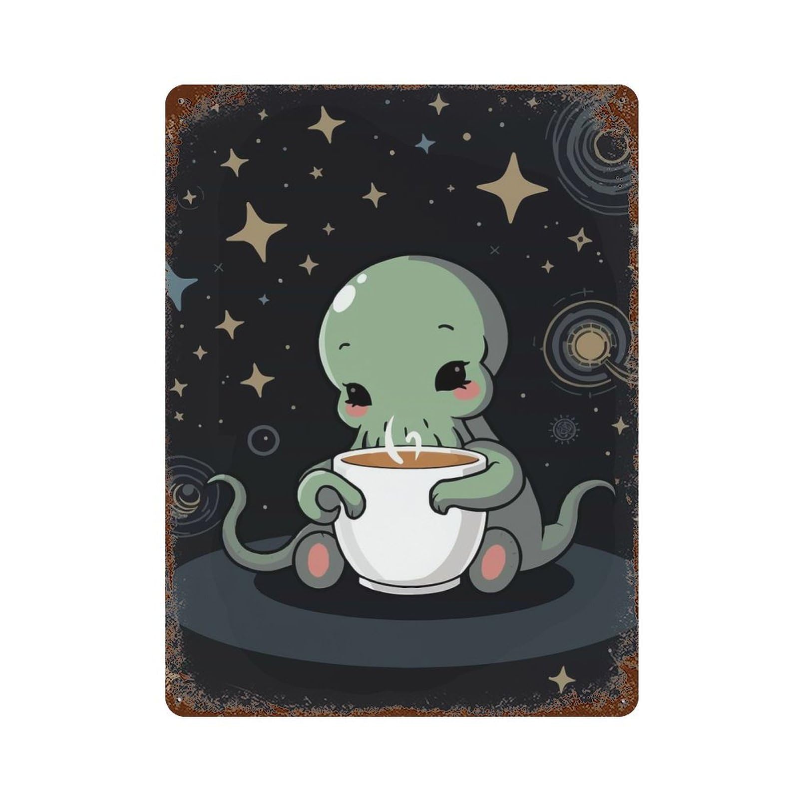 Garage Style Cute Cthulhu with Coffee Vintage Rust Metal Sign 15.7"x11.8", Industrial Home Decor for Bar And Workshop