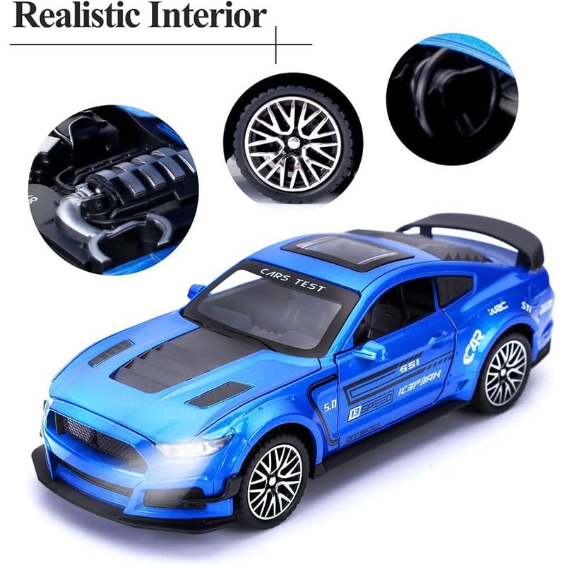 Image of Kids Model 1:32 Mastang Die Cast Metal Car Pull Back Action Opening Doors with Realistic Engine Sound Lights Toy Car Gift for Boys - Multi