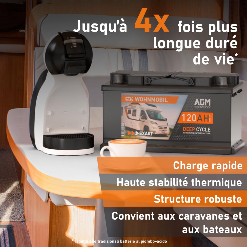 EXAKT Batteria AGM 120Ah 12V batteria per Camper Caravan Sistemi Off-Grid Pannelli Solari Barca resistente ai cicli Sigillata Senza Manutenzione alternativa 100Ah