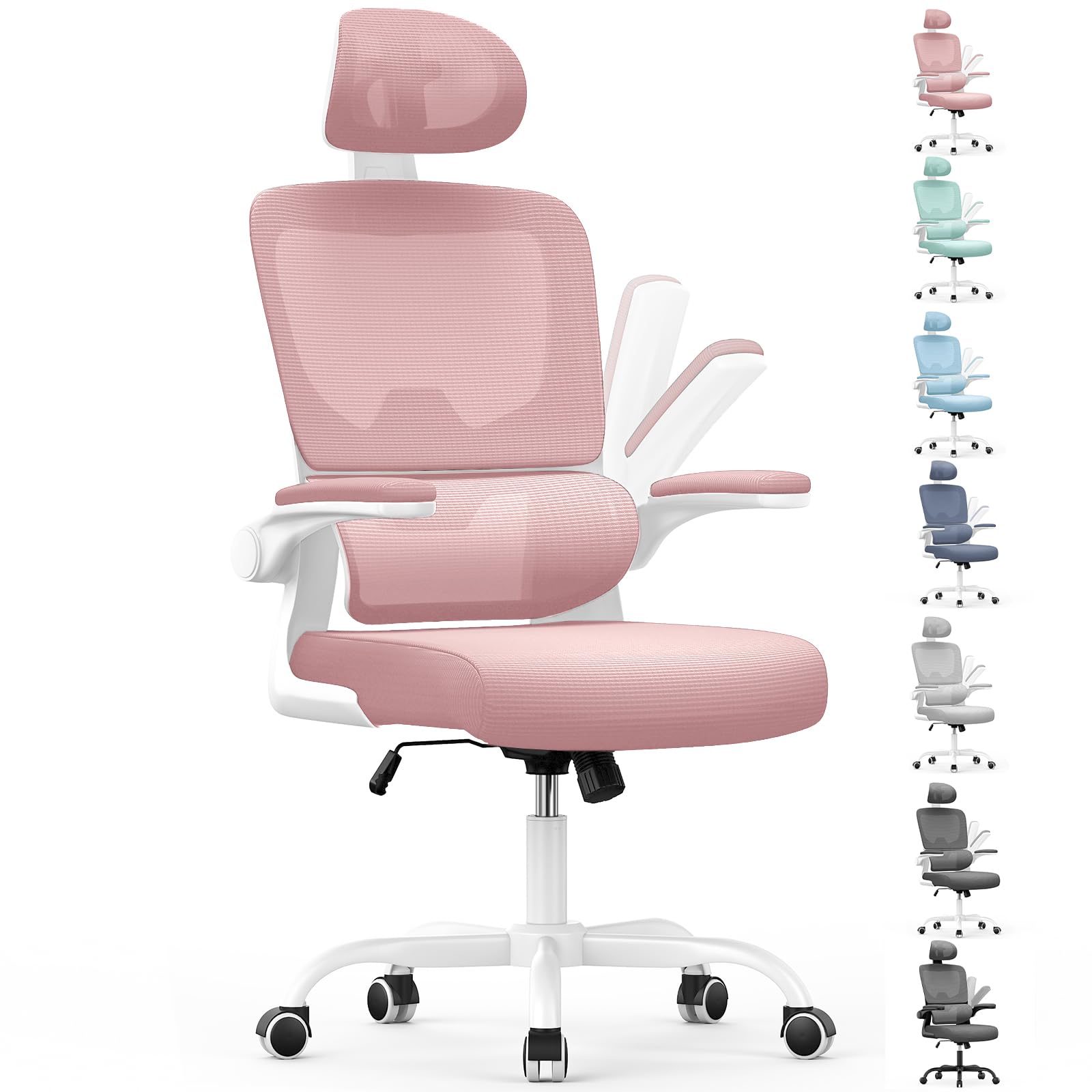 naspaluro Ergonomic Office Chair with Lumbar Support, Back Desk Chair with Adjustable Headrest and Height, Flip-up Armrest, Computer Chair for Home Office, Pink Global Recycled Standard Global Recycled Standard Global Recycled Standard