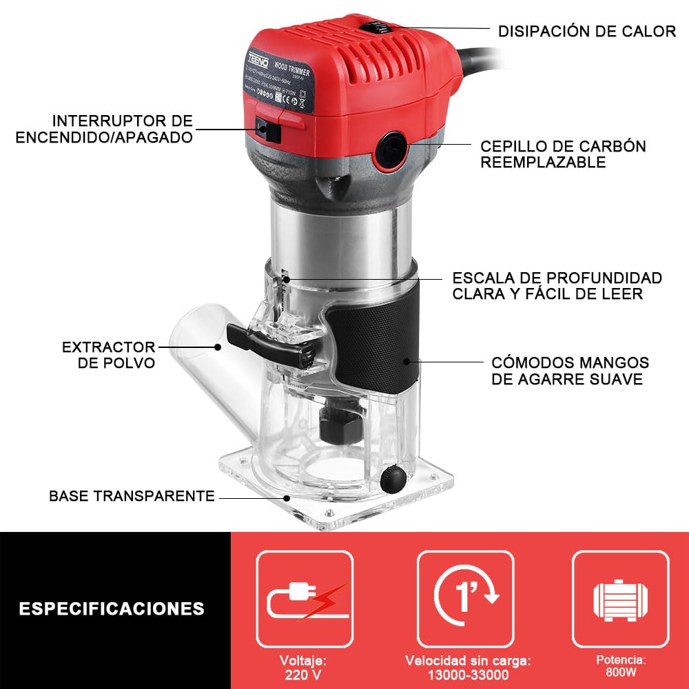 TEENO Fresadora De Madera Rebajadora Eléctrica 800W 13000-33000 RPM CON EXTRACTOR DE POLVO,5 piezas 1/4'' Alicates, 6 Velocidades Variables, Pinza De Base Fija De 6/6.35/8MM,Con Bolsa de lona