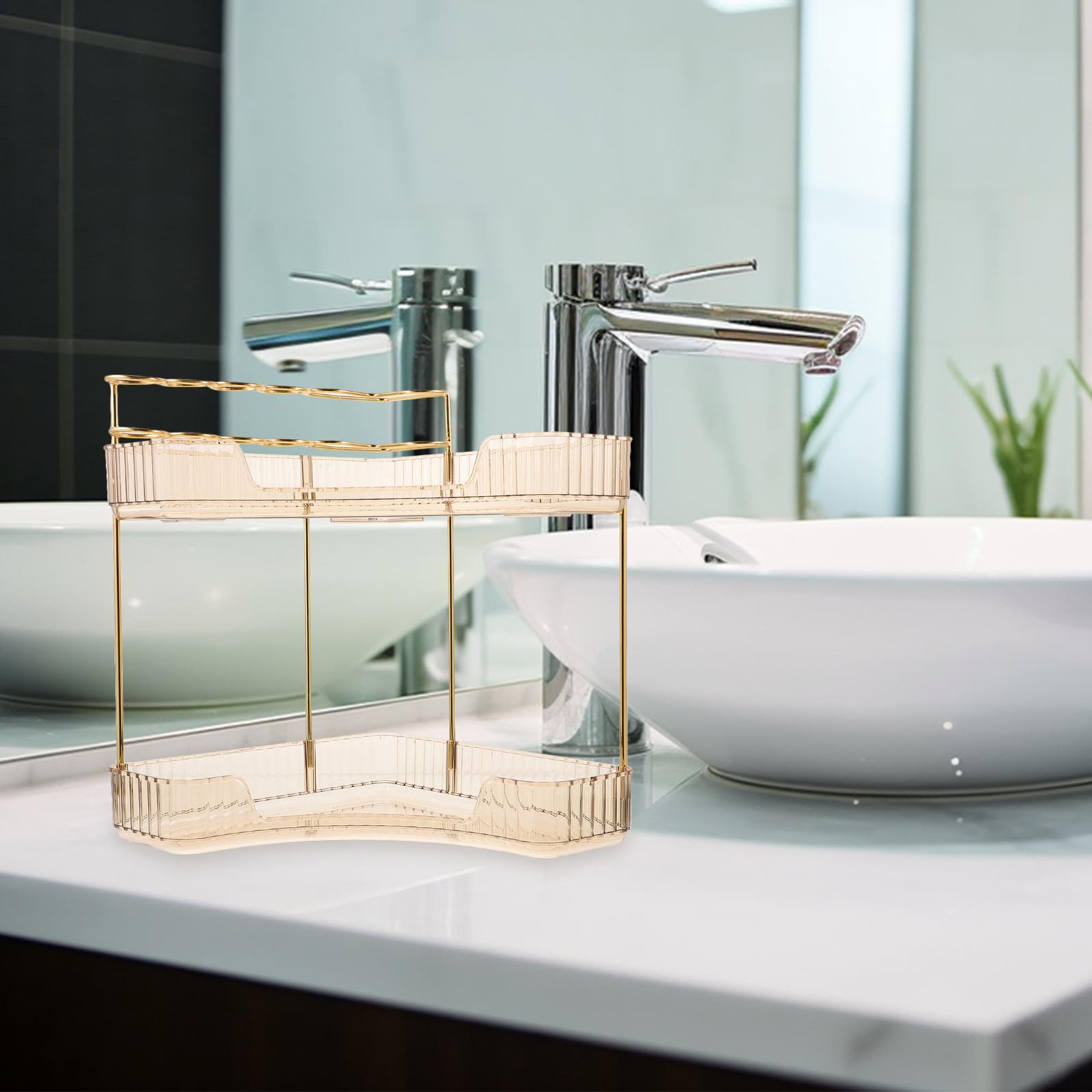 Organizer da Bagno Angolare in Metallo Oro a Doppio Livello, Struttura Semplice e Capacità di Carico Elevata, per Piano Lavabo la Conservazione Cosmetica