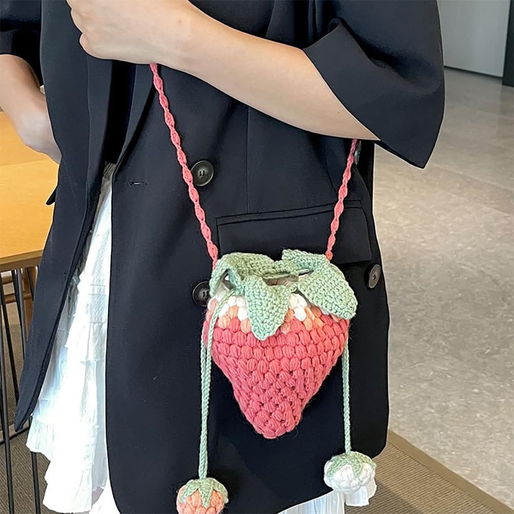 Women's Hand-knitted Cartoon Strawberry Handbag, DIY Wool Woven Shoulder Packet Crossbody Bag, Kawaii Crochet Bucket Purse