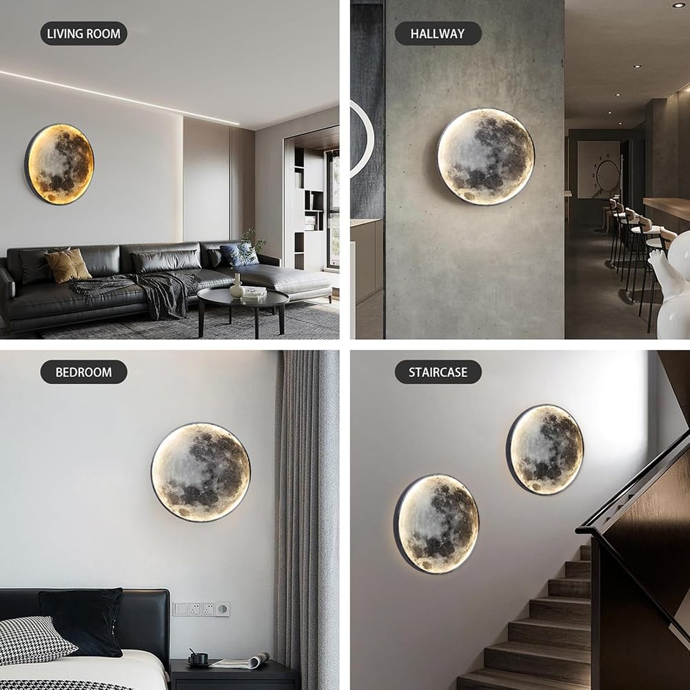 Mond LED Wandleuchte Innen Dimmbar Mond Wandlampe mit Stecker Kabel Mondlampe Schalter Runde Deko Lampe Wand Nachttischlampe Fernbedienung, Nachtlichtmodus und Speicherfunktion Wandbeleuchtung