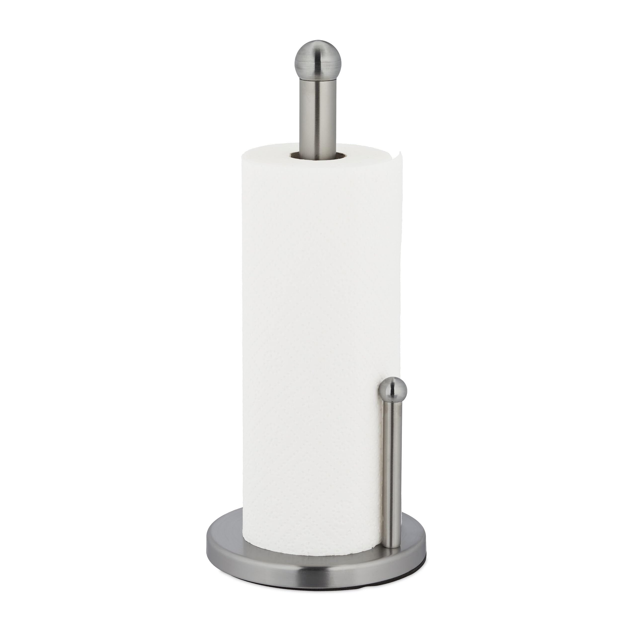 Relaxdays Kitchen Roll Holder, Bamboo, Stainless Steel, Standing Paper Towel Rack with Stopper, HxØ: 35 x 15 cm, Silver
